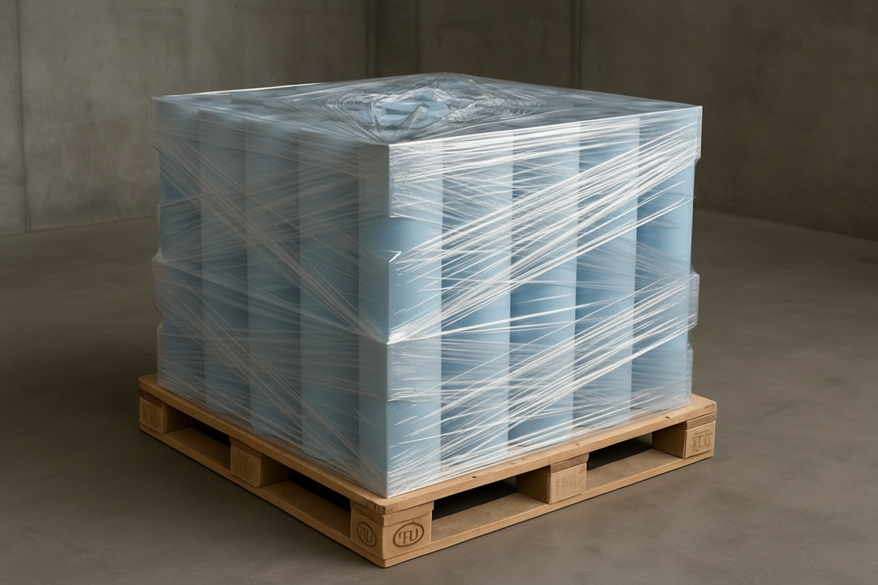 20 hellblaue 1 m Rollen stehend auf Europalette