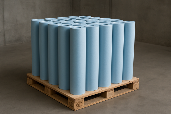 20 hellblaue 1 m Rollen stehend auf Europalette