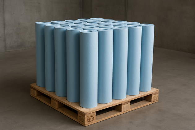 20 hellblaue 1 m Rollen stehend auf Europalette