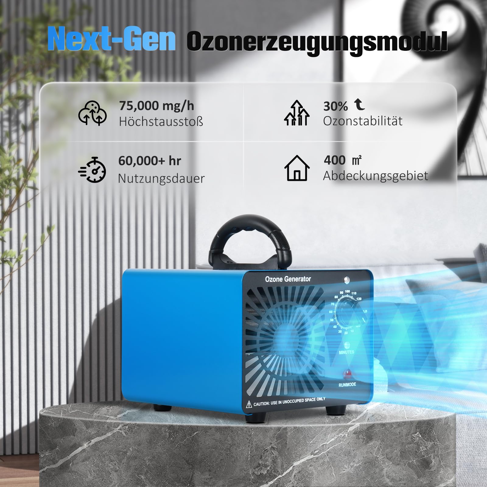 Ozongenerator 60.000 Mg/h – Ozon Luftreiniger Mit Timer (120 Min) Für Räume Bis 400 M², Entfernt Gerüche & Desinfiziert | Für Auto, Wohnung, Küche