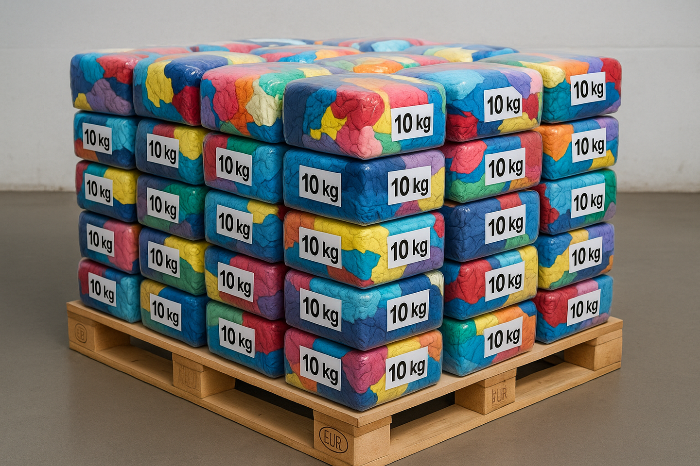 Europalette mit 30 Paketen à 10 kg Frottee bunt Putzlappen